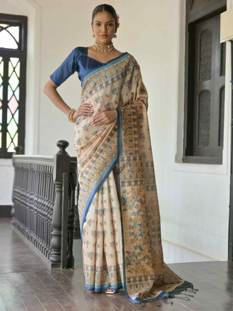 Image of Multi Soft Tussar Silk Printed Festival Wedding Fancy Heavy Border Saree