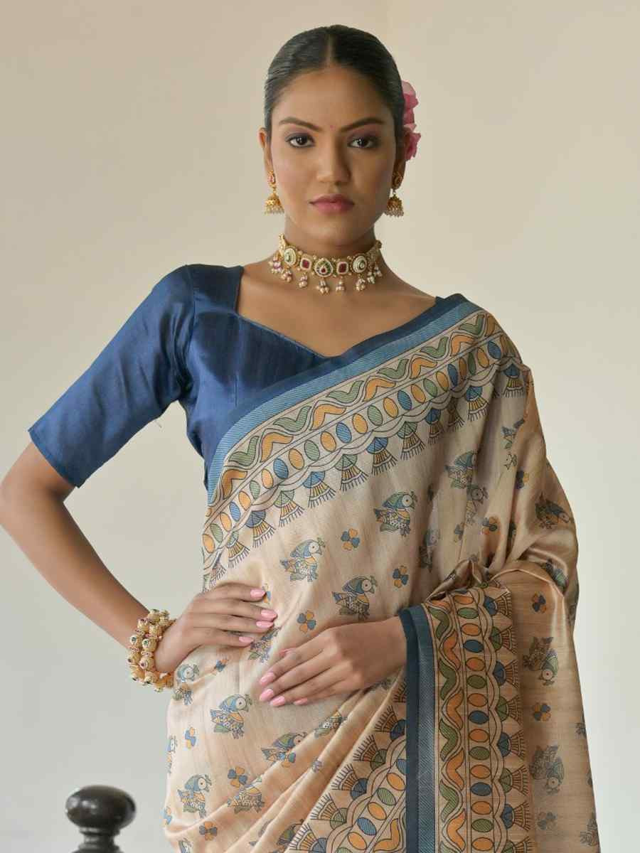 Multi Soft Tussar Silk Printed Festival Wedding Fancy Heavy Border Saree