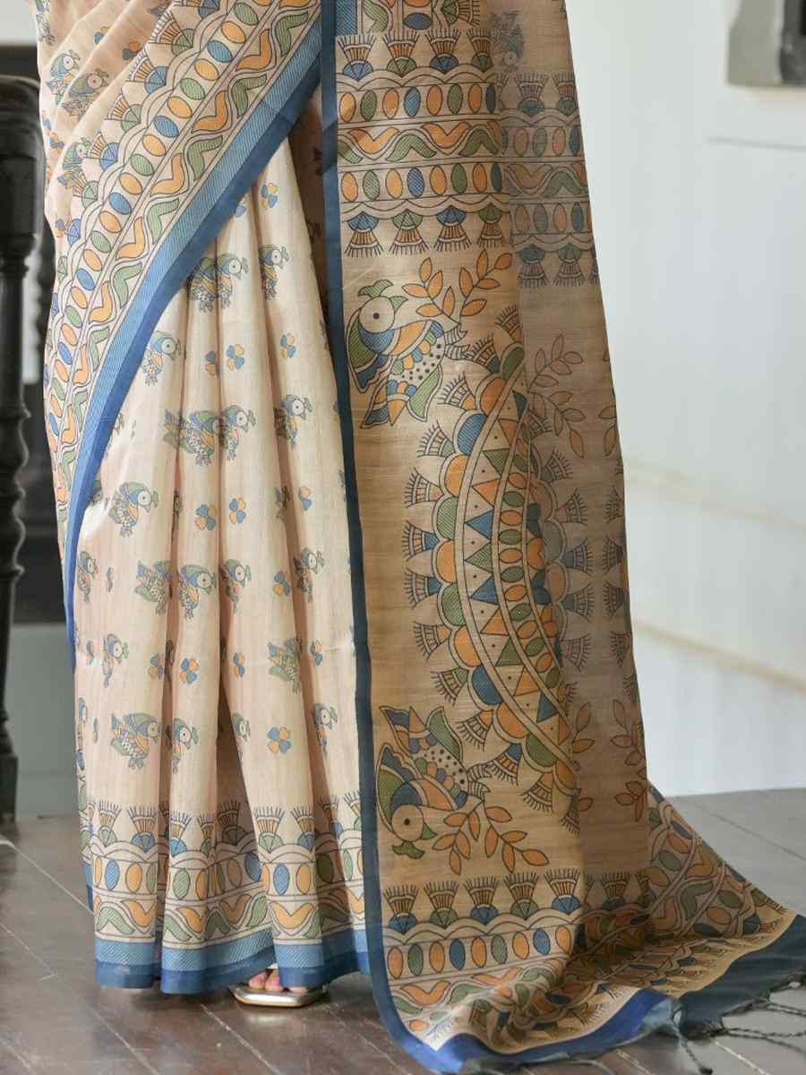 Multi Soft Tussar Silk Printed Festival Wedding Fancy Heavy Border Saree