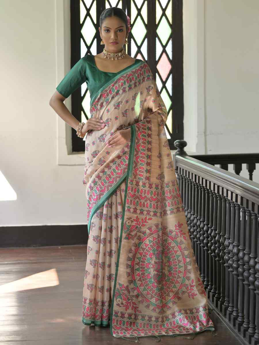 Multi Soft Tussar Silk Printed Festival Wedding Fancy Heavy Border Saree