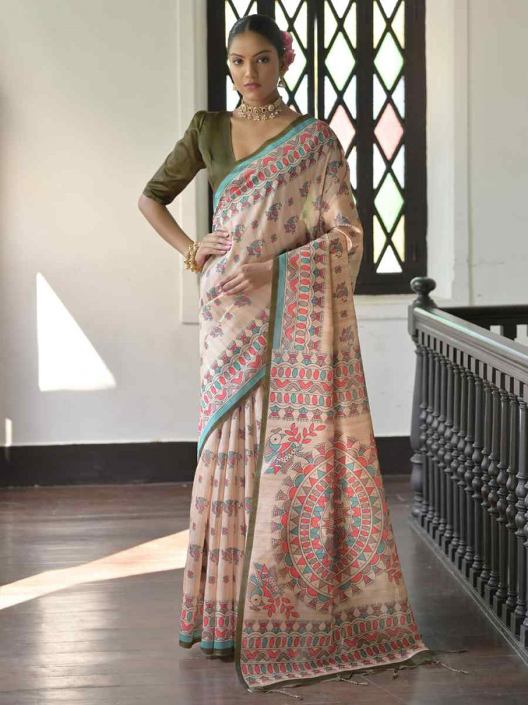 Image of Multi Soft Tussar Silk Printed Festival Wedding Fancy Heavy Border Saree