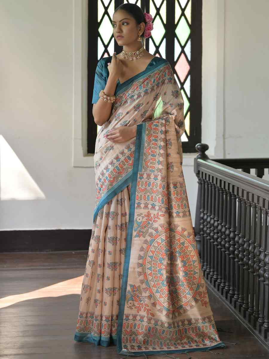 Multi Soft Tussar Silk Printed Festival Wedding Fancy Heavy Border Saree