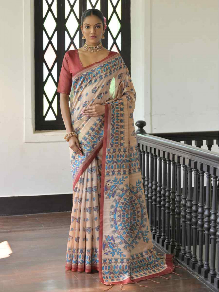 Image of Multi Soft Tussar Silk Printed Festival Wedding Fancy Heavy Border Saree