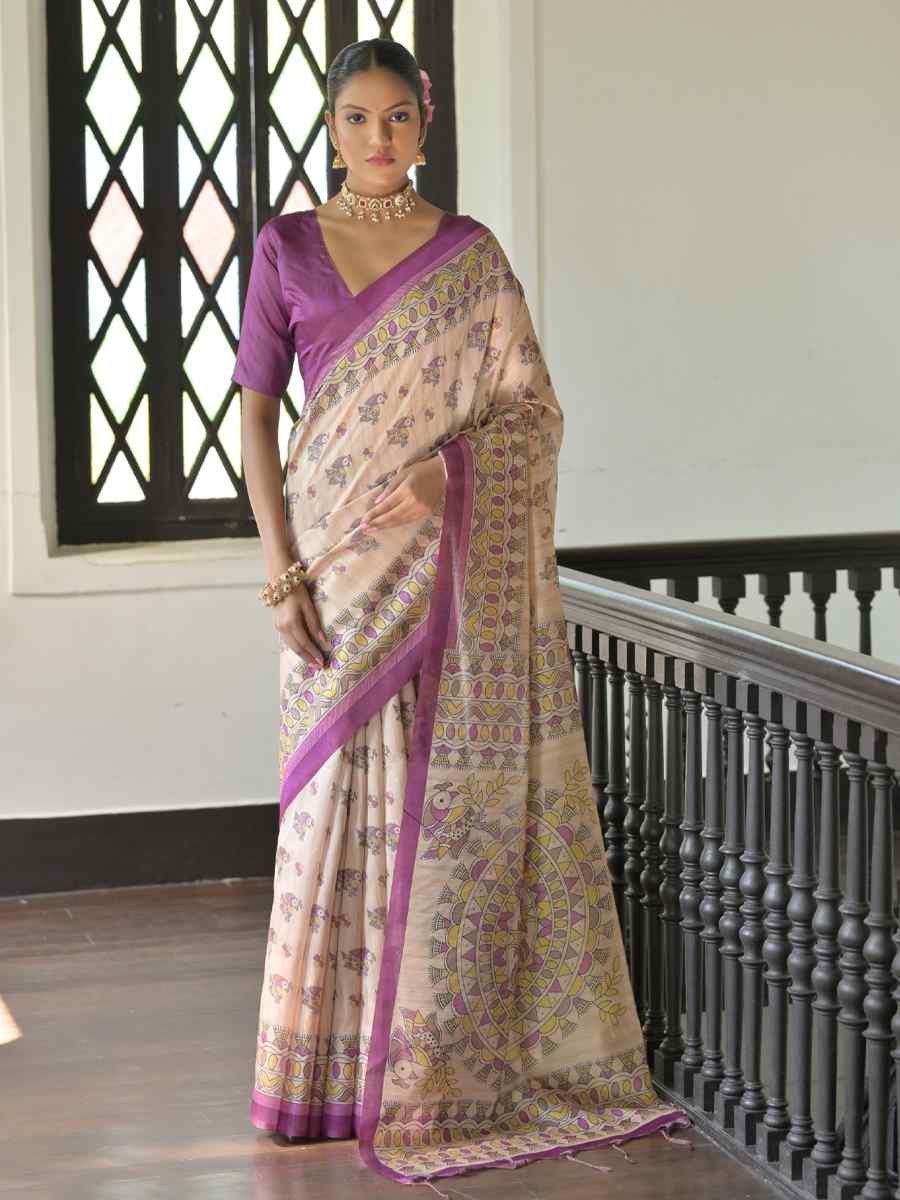 Multi Soft Tussar Silk Printed Festival Wedding Fancy Heavy Border Saree