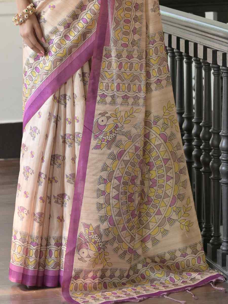 Multi Soft Tussar Silk Printed Festival Wedding Fancy Heavy Border Saree