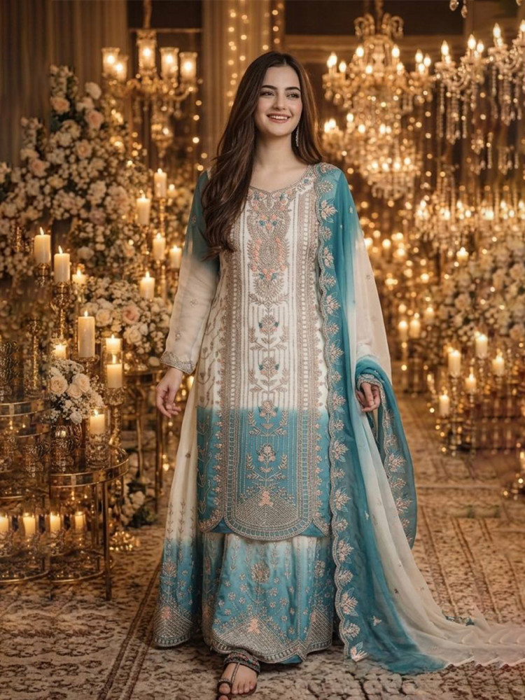 Image of Multi Star Georgette Embroidery Zari Sequins Wedding Party Festival Casual Ready Palazzo Pant Salwar Kameez