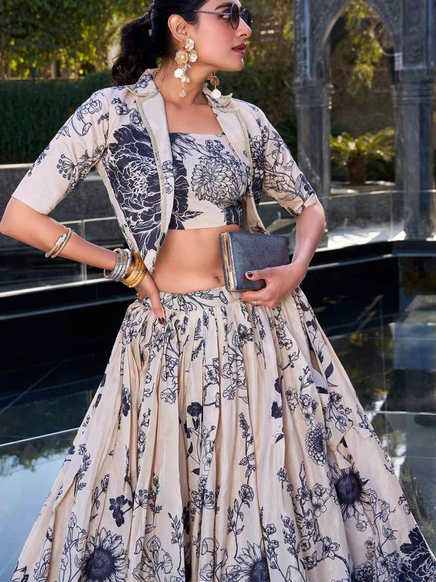 Multi Tussar Silk Embroidered Festival Wedding Jacket Lehenga Choli
