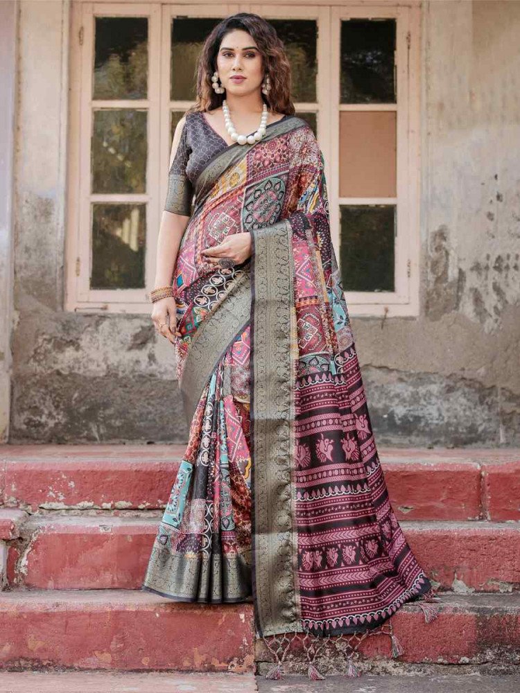 Image of Multi Tussar Silk Zari Handwoven Printed Casual Reception Festival Wedding Fancy Heavy Border Saree