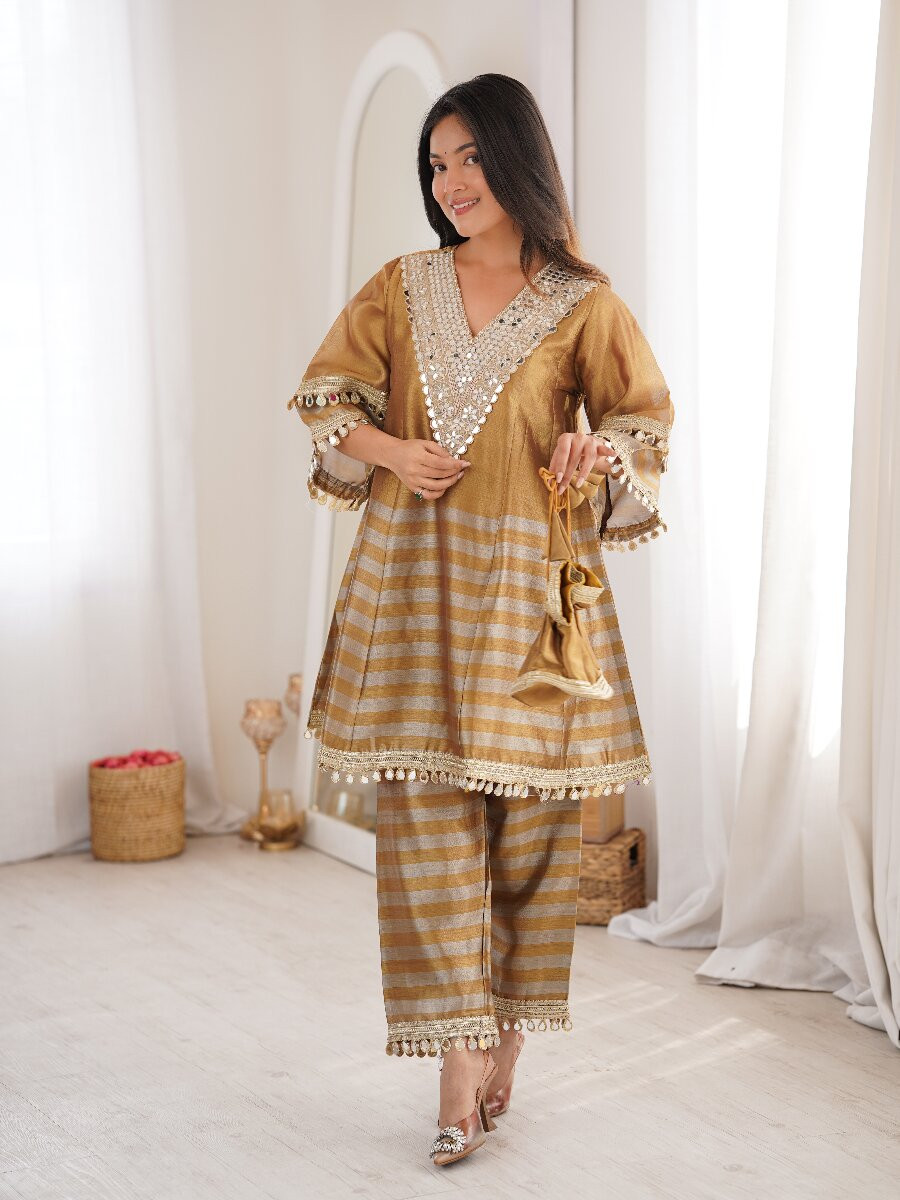 Multi Two-tone Line Tissue Silk Coding Embroidered Mirror Work Lace Wedding Party Festival Casual Ready Palazzo Pant Salwar Kameez