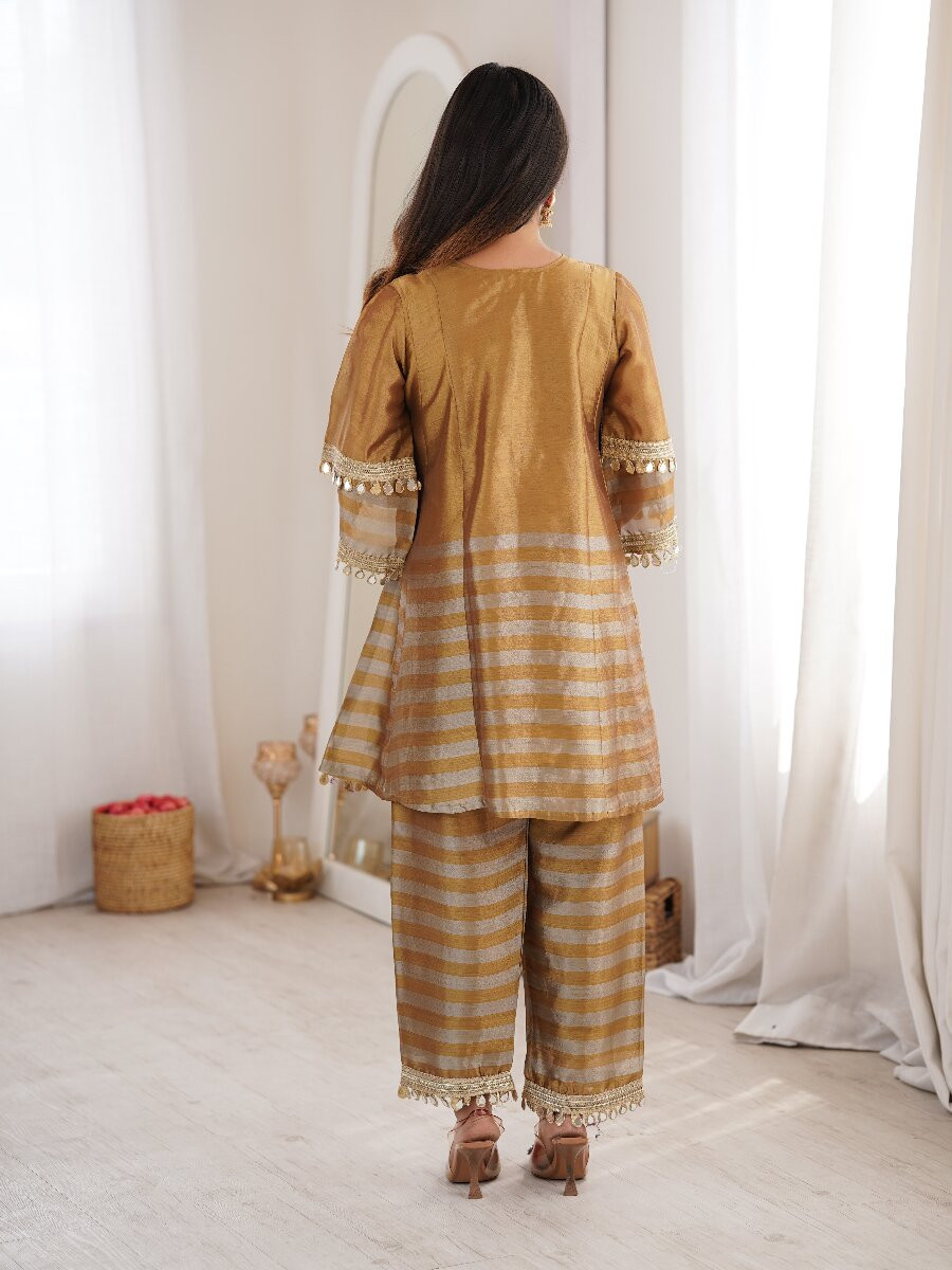 Multi Two-tone Line Tissue Silk Coding Embroidered Mirror Work Lace Wedding Party Festival Casual Ready Palazzo Pant Salwar Kameez