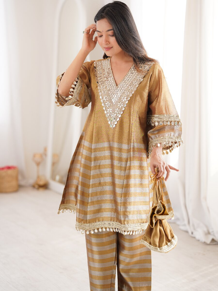 Multi Two-tone Line Tissue Silk Coding Embroidered Mirror Work Lace Wedding Party Festival Casual Ready Palazzo Pant Salwar Kameez