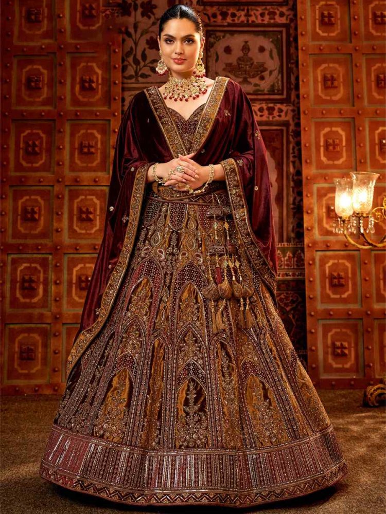 Multi Velvet Embroidered Bridal Reception Heavy Border Lehenga Choli