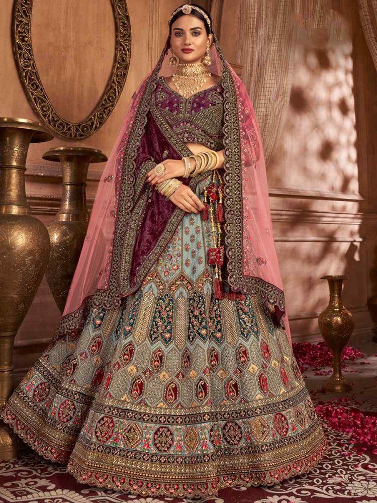 Multi Velvet Embroidered Bridal Wedding Heavy Border Lehenga Choli