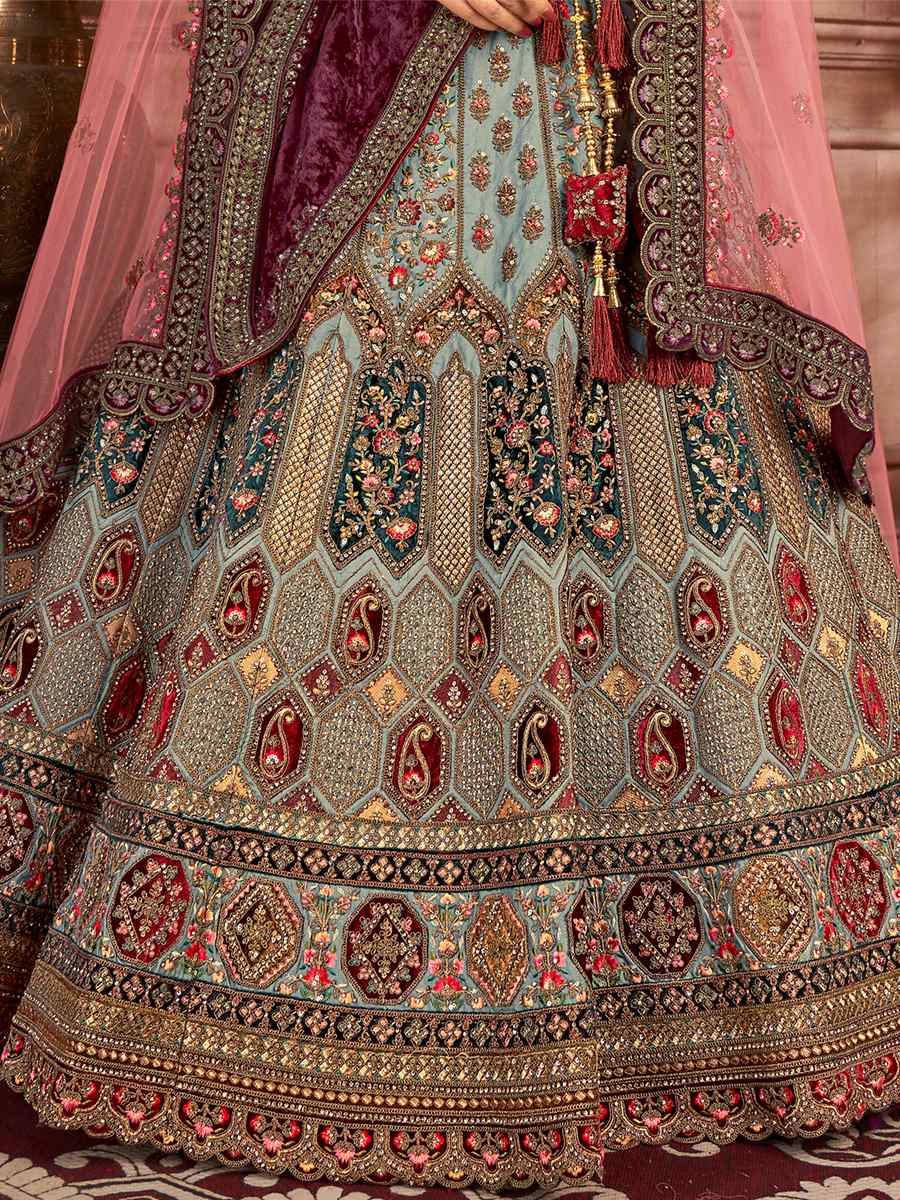 Multi Velvet Embroidered Bridal Wedding Heavy Border Lehenga Choli