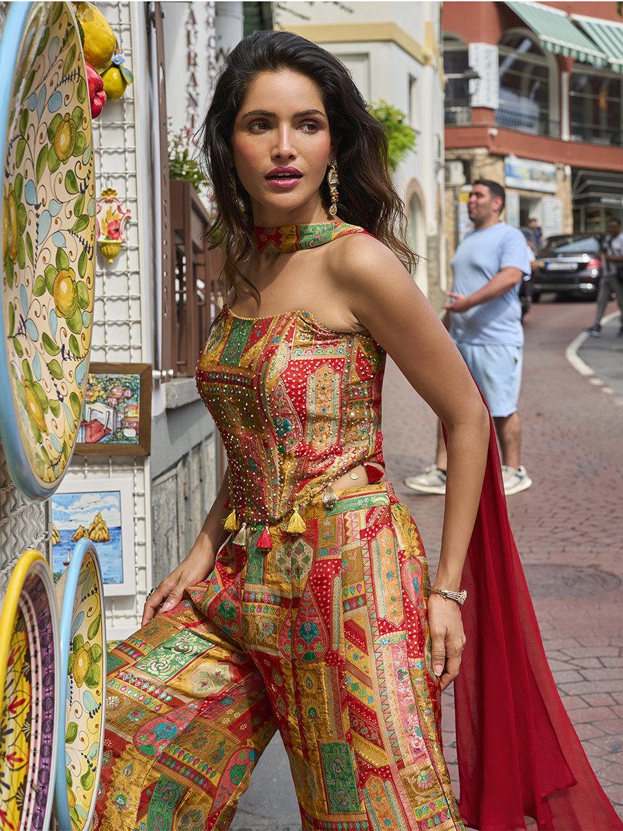 Multi Viscose Position Jacquard Silk Stone Work Wedding Party Festival Casual Ready Palazzo Pant Salwar Kameez
