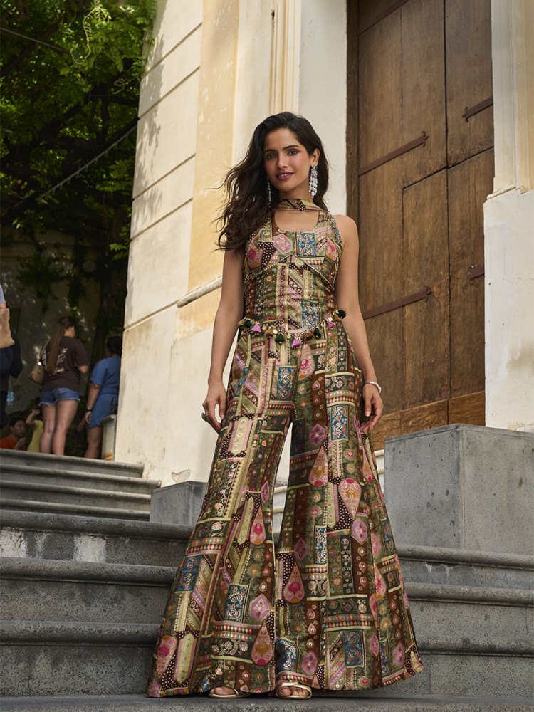 Image of Multi Viscose Position Jacquard Silk Stone Work Wedding Party Festival Casual Ready Palazzo Pant Salwar Kameez