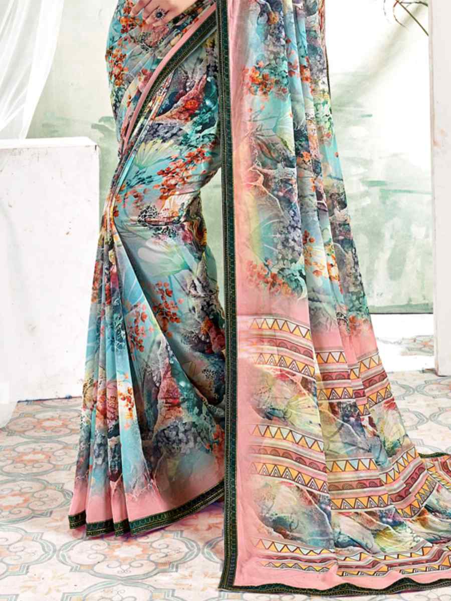Multi Weightless Polystere Printed Casual Festival Contemporary Saree
