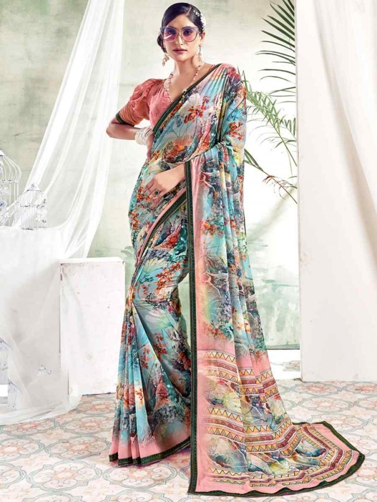 Multi Weightless Polystere Printed Casual Festival Contemporary Saree