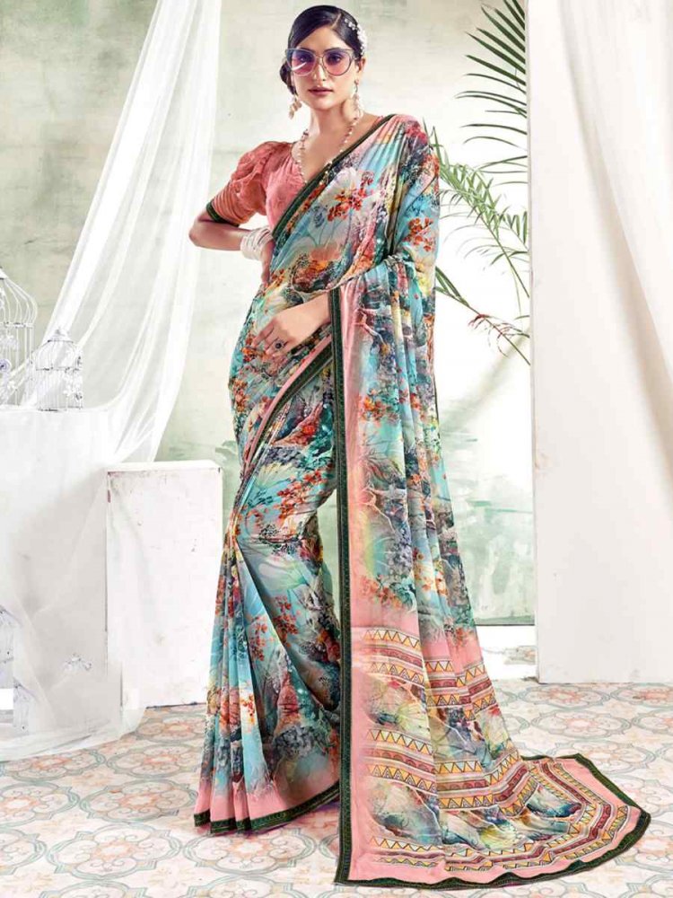 Multi Weightless Polystere Printed Casual Festival Contemporary Saree