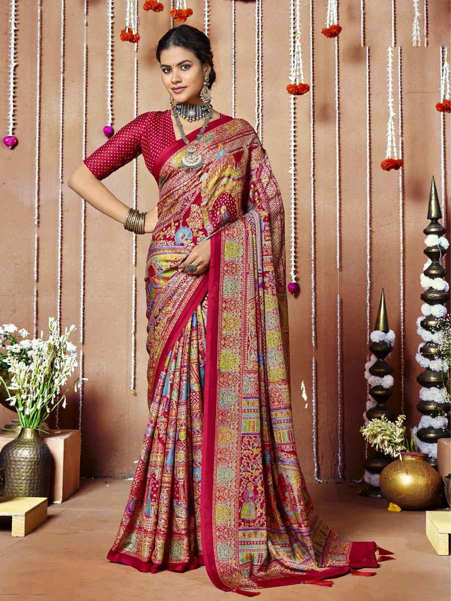 Multi Zara Moss Silk Patola Printed Festival Wedding Fancy Heavy Border Saree