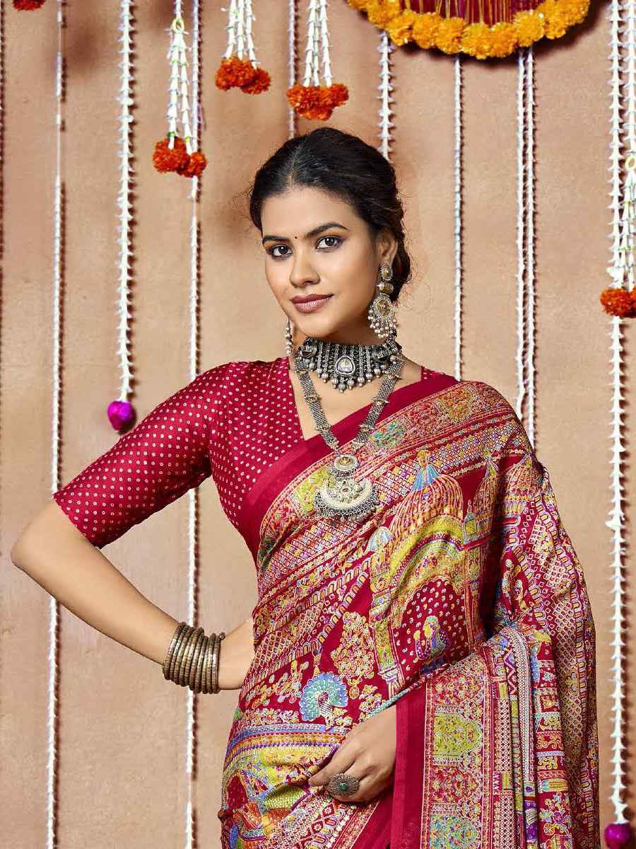 Multi Zara Moss Silk Patola Printed Festival Wedding Fancy Heavy Border Saree