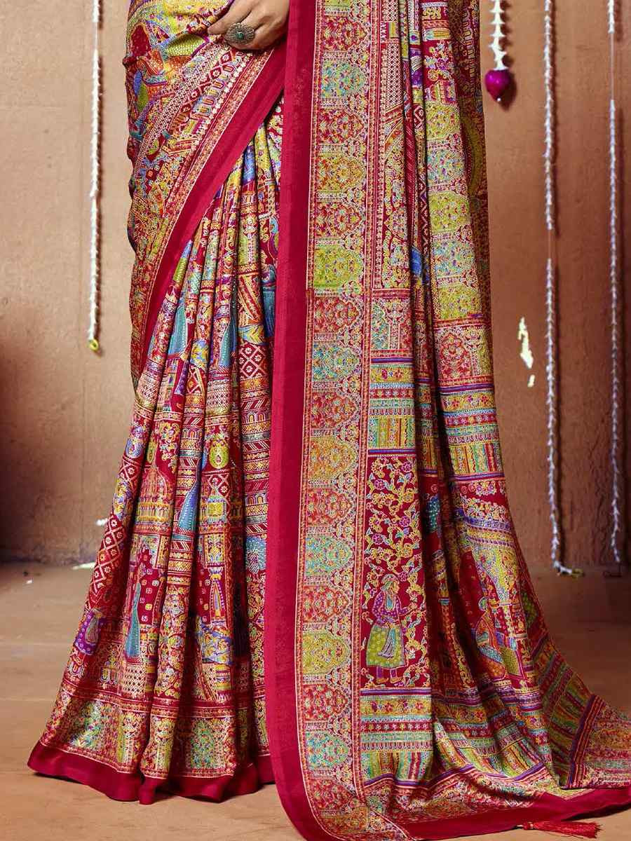 Multi Zara Moss Silk Patola Printed Festival Wedding Fancy Heavy Border Saree