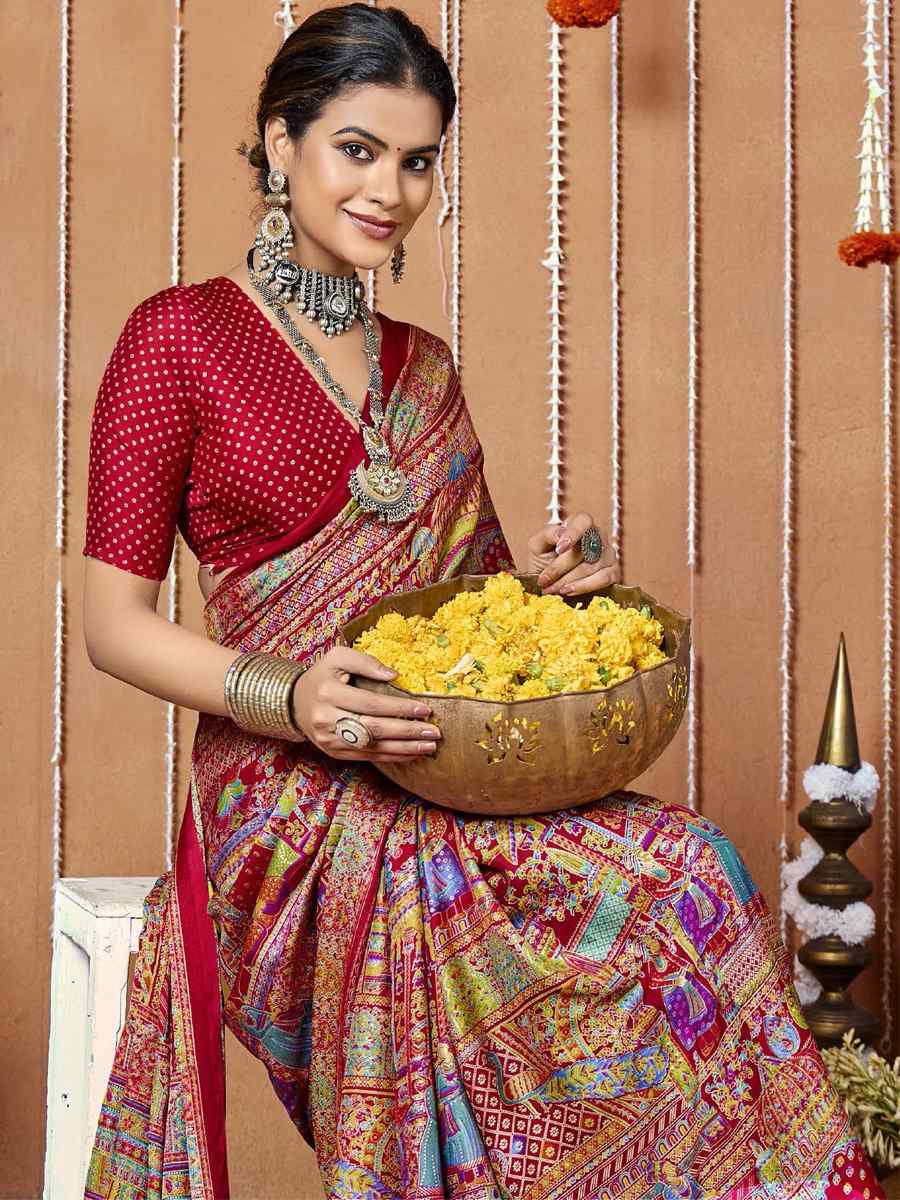 Multi Zara Moss Silk Patola Printed Festival Wedding Fancy Heavy Border Saree