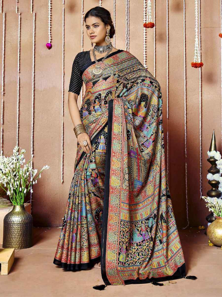Image of Multi Zara Moss Silk Patola Printed Festival Wedding Fancy Heavy Border Saree