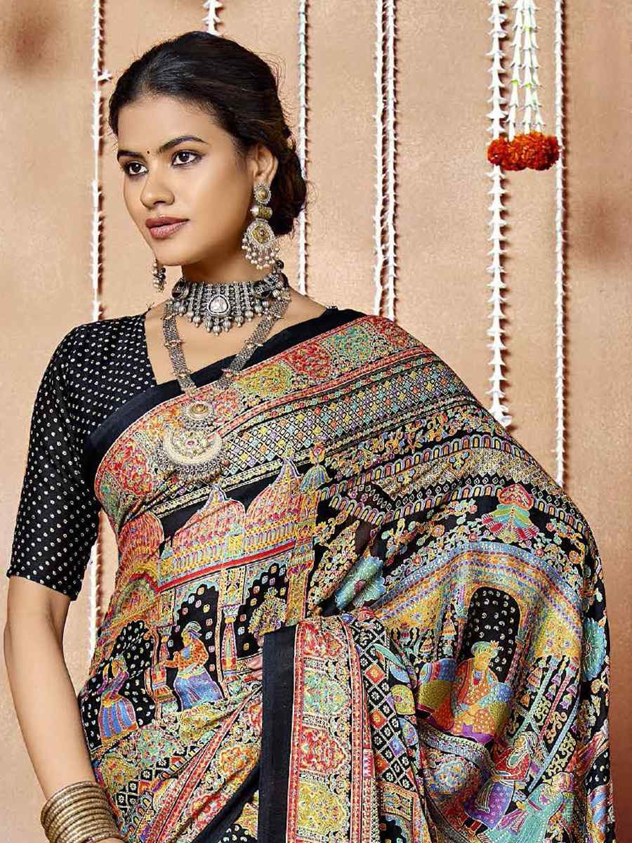 Multi Zara Moss Silk Patola Printed Festival Wedding Fancy Heavy Border Saree