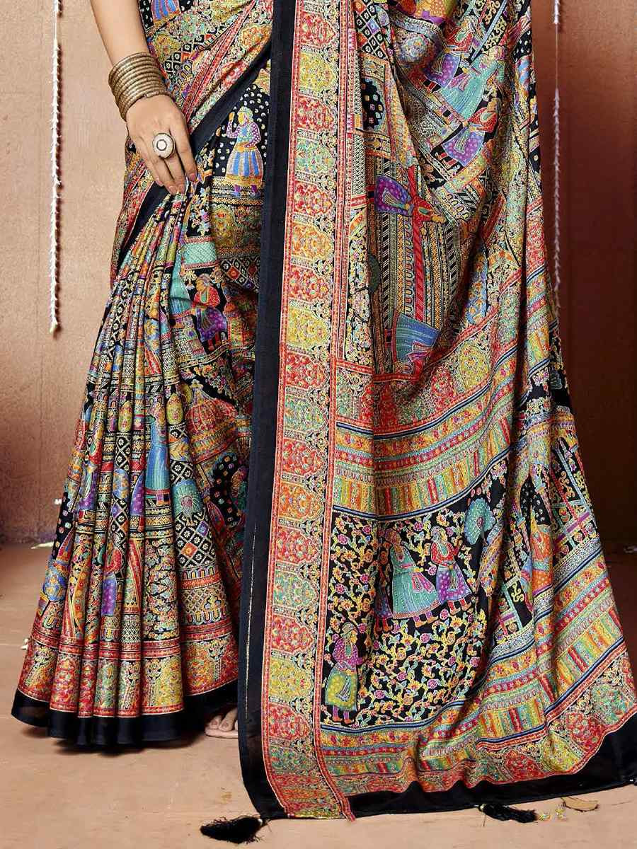 Multi Zara Moss Silk Patola Printed Festival Wedding Fancy Heavy Border Saree