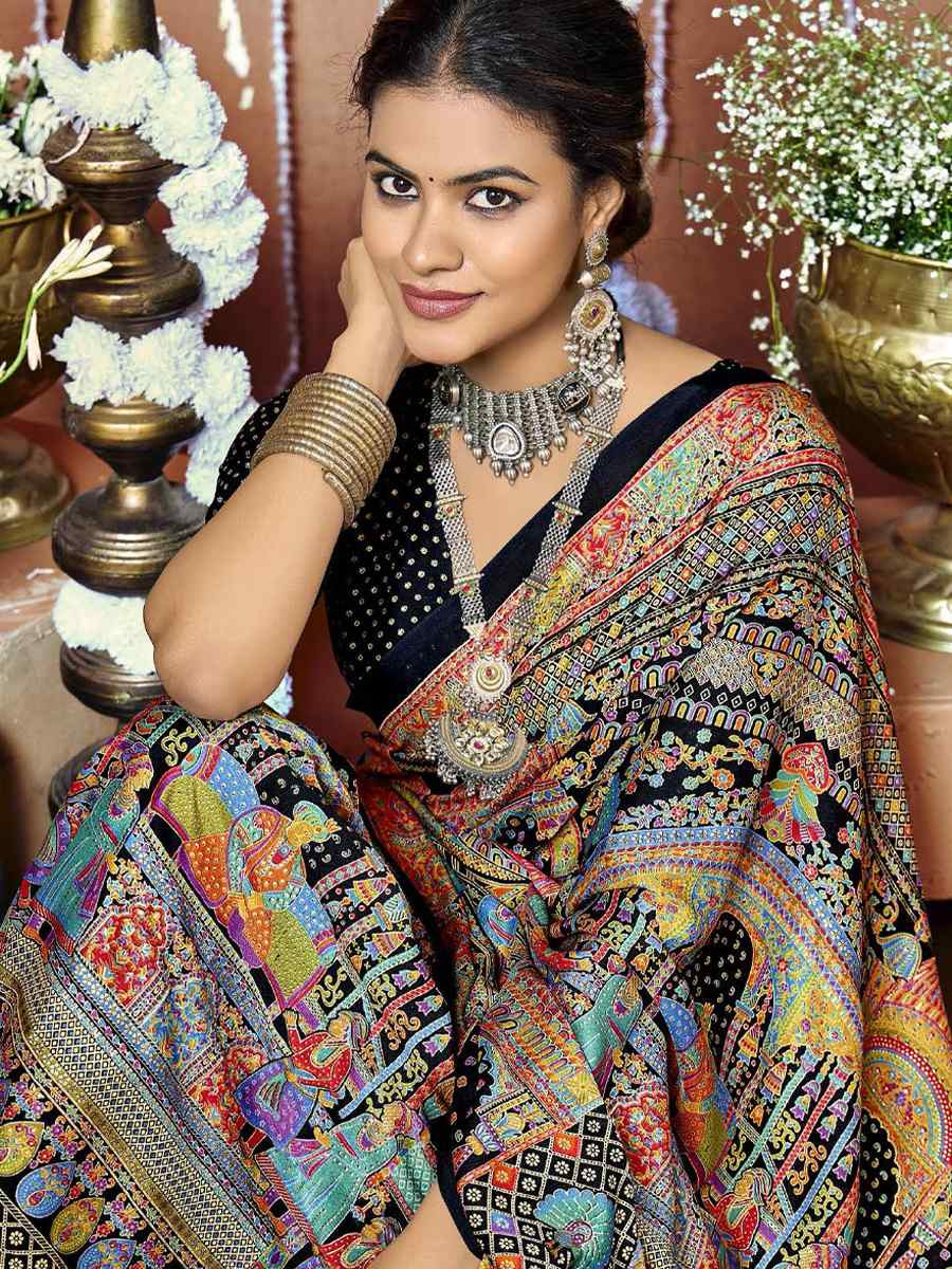 Multi Zara Moss Silk Patola Printed Festival Wedding Fancy Heavy Border Saree