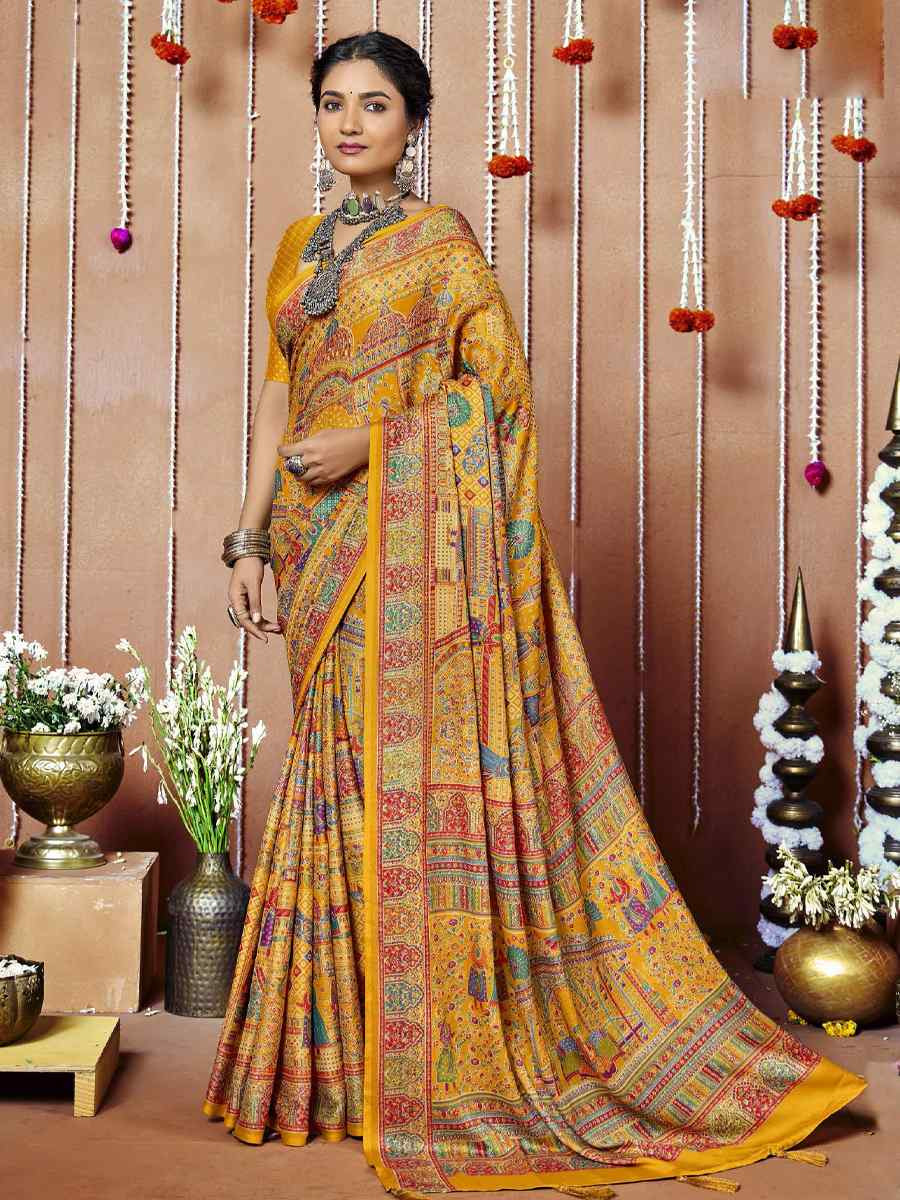 Multi Zara Moss Silk Patola Printed Festival Wedding Fancy Heavy Border Saree