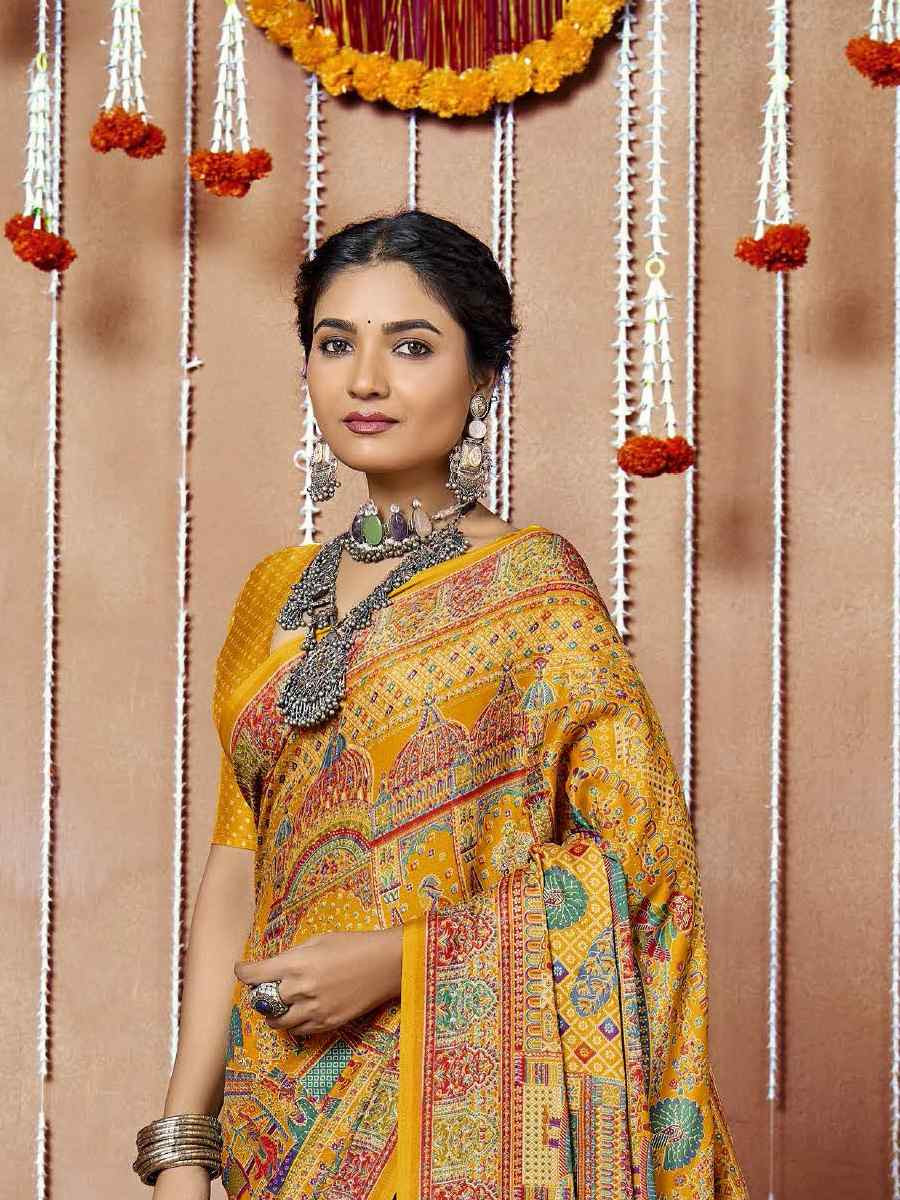 Multi Zara Moss Silk Patola Printed Festival Wedding Fancy Heavy Border Saree