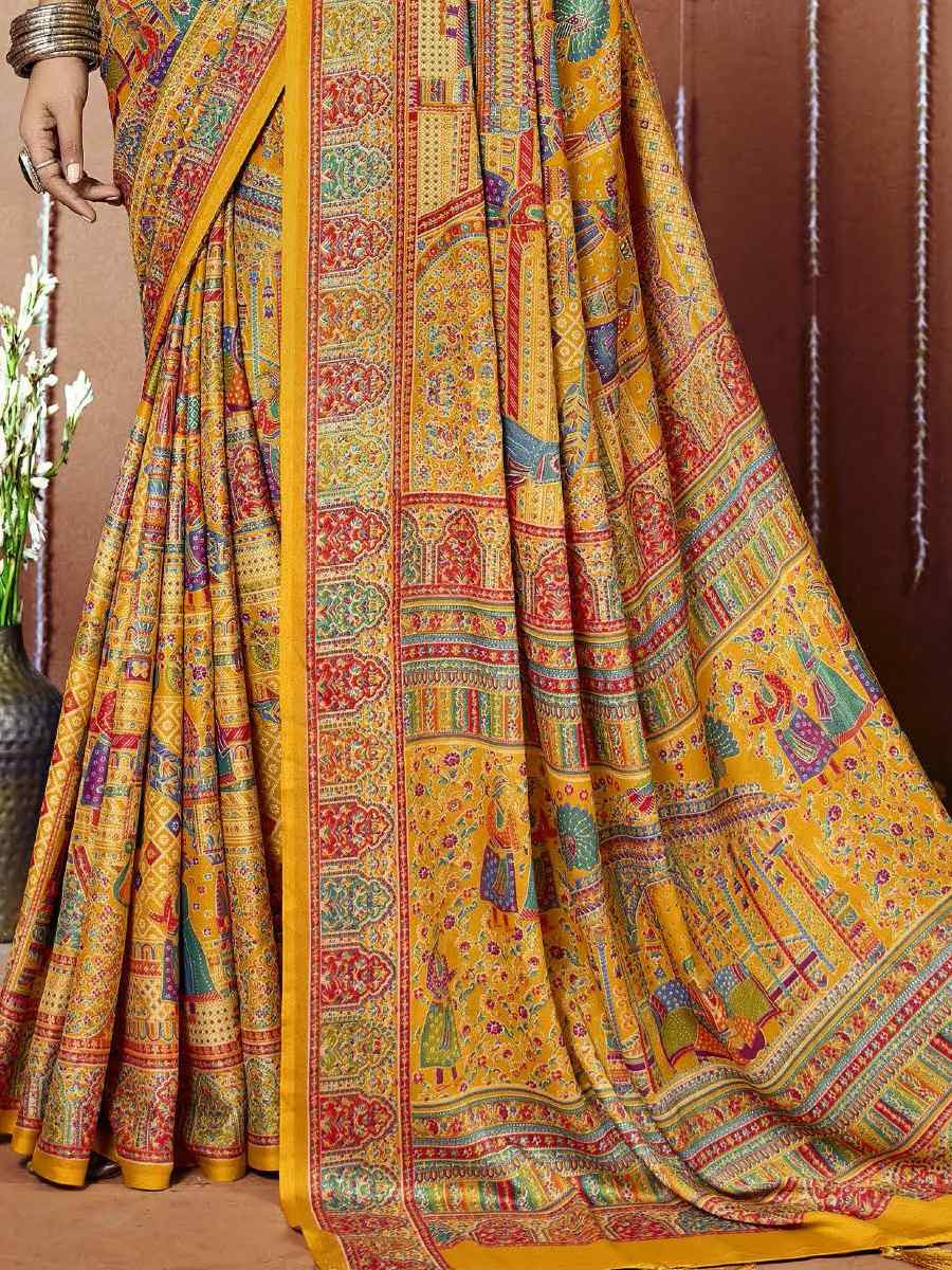 Multi Zara Moss Silk Patola Printed Festival Wedding Fancy Heavy Border Saree