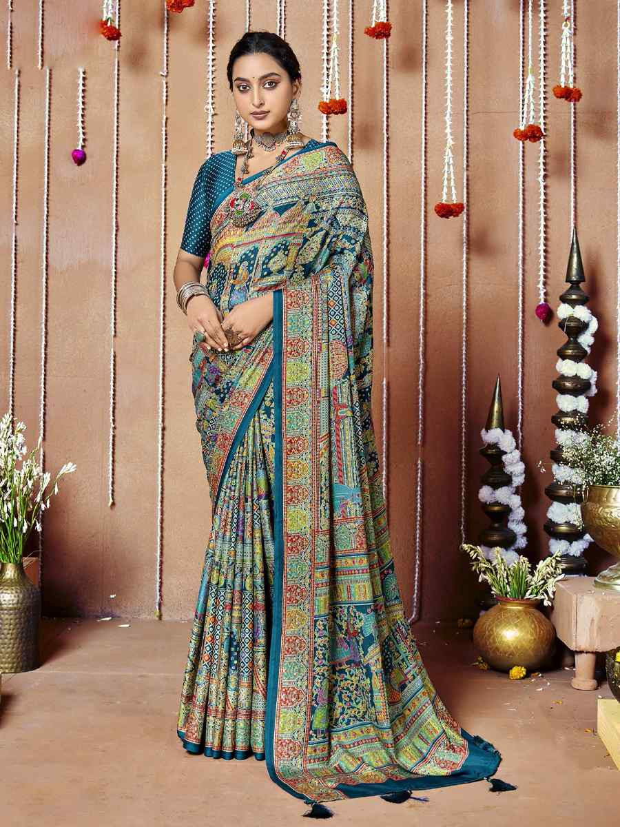 Multi Zara Moss Silk Patola Printed Festival Wedding Fancy Heavy Border Saree