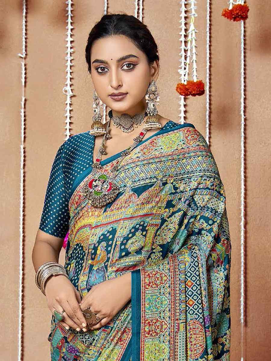 Multi Zara Moss Silk Patola Printed Festival Wedding Fancy Heavy Border Saree