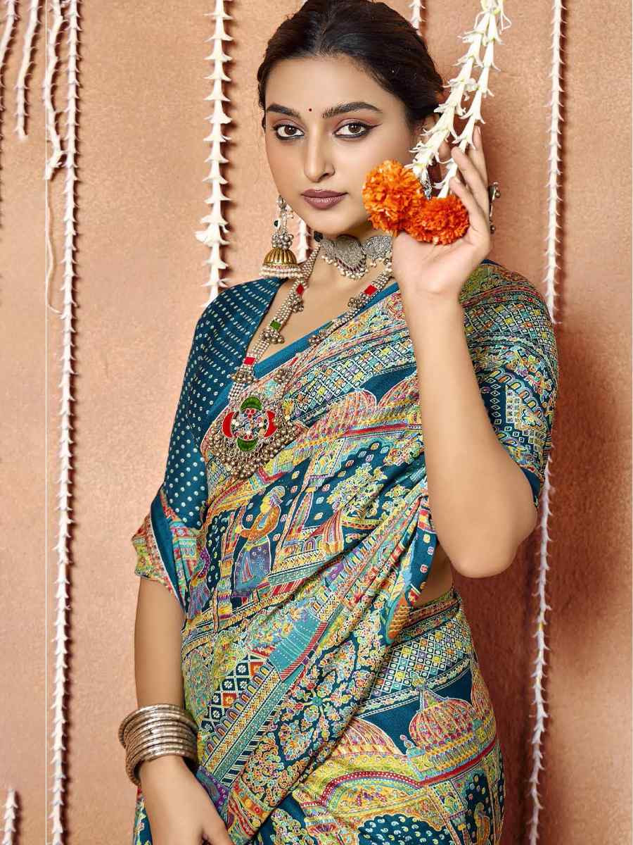 Multi Zara Moss Silk Patola Printed Festival Wedding Fancy Heavy Border Saree