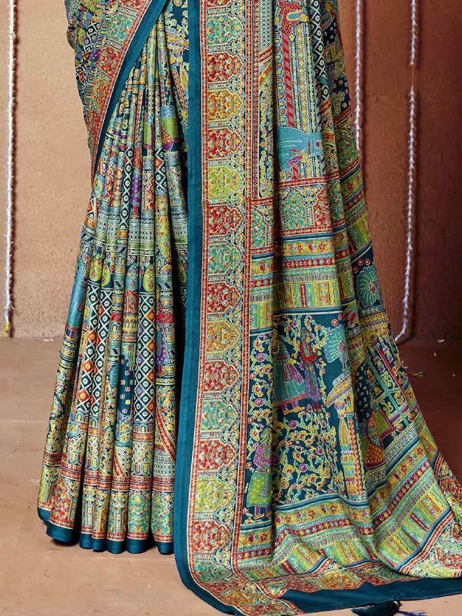 Multi Zara Moss Silk Patola Printed Festival Wedding Fancy Heavy Border Saree