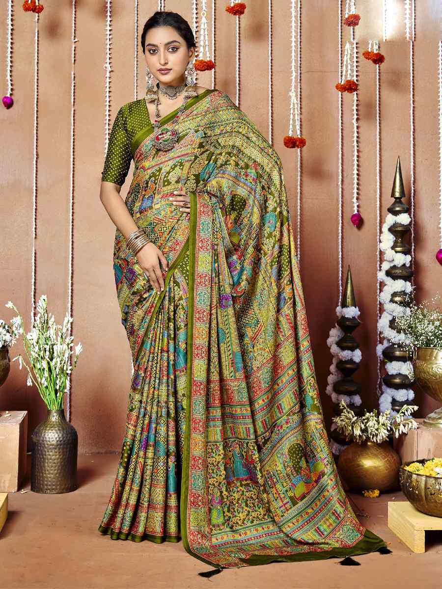 Multi Zara Moss Silk Patola Printed Festival Wedding Fancy Heavy Border Saree