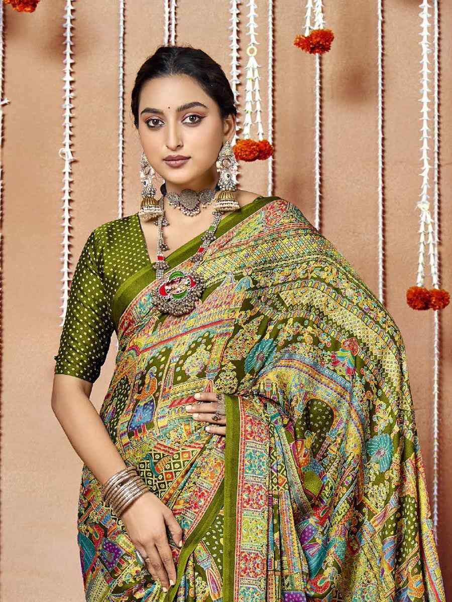 Multi Zara Moss Silk Patola Printed Festival Wedding Fancy Heavy Border Saree