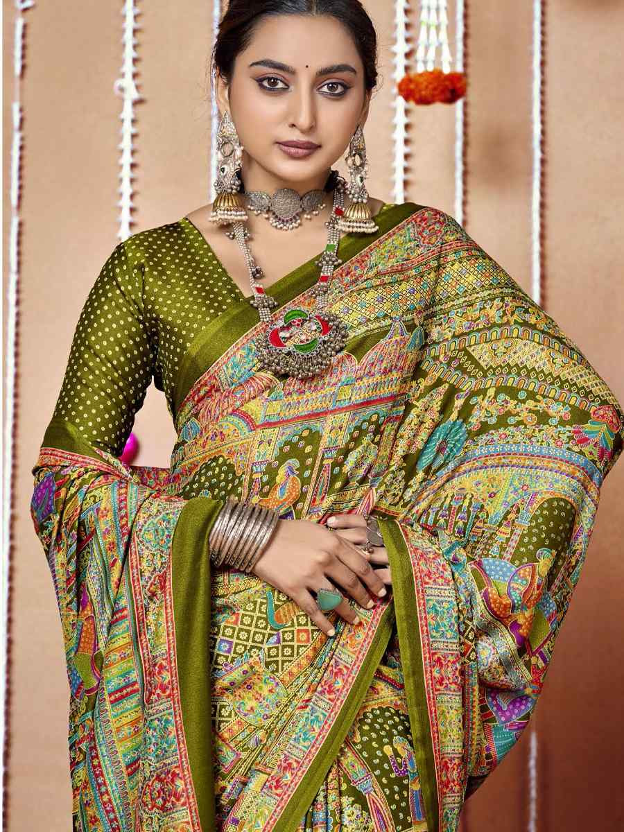 Multi Zara Moss Silk Patola Printed Festival Wedding Fancy Heavy Border Saree