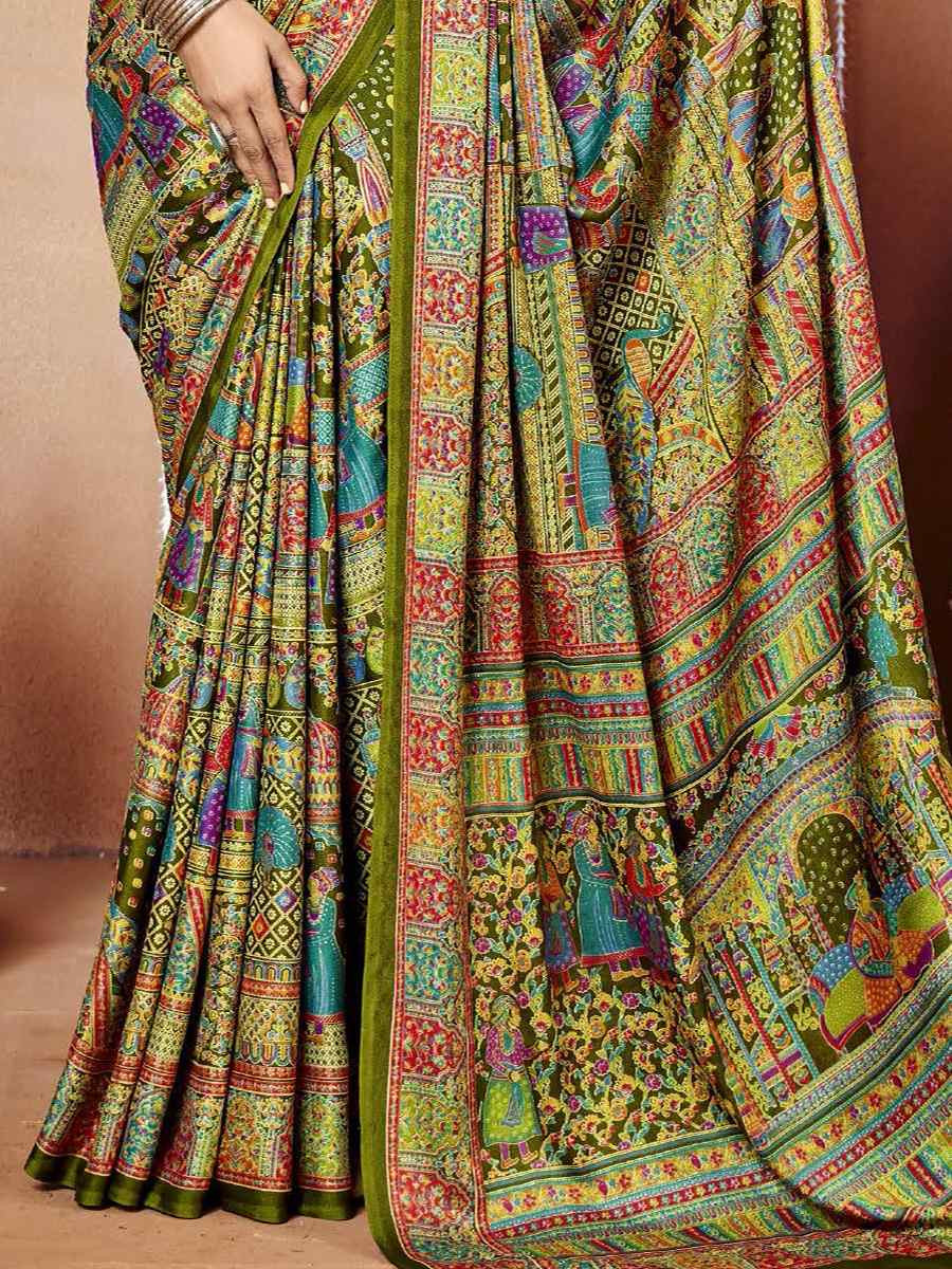 Multi Zara Moss Silk Patola Printed Festival Wedding Fancy Heavy Border Saree