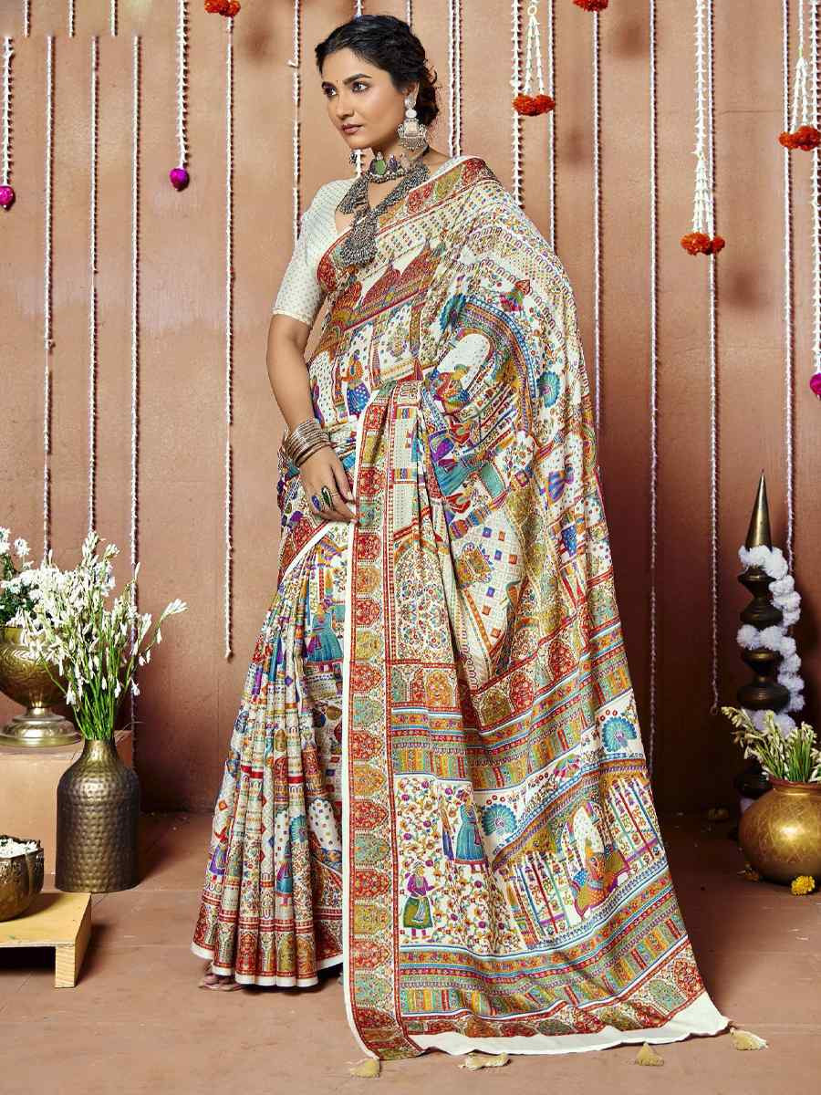 Multi Zara Moss Silk Patola Printed Festival Wedding Fancy Heavy Border Saree