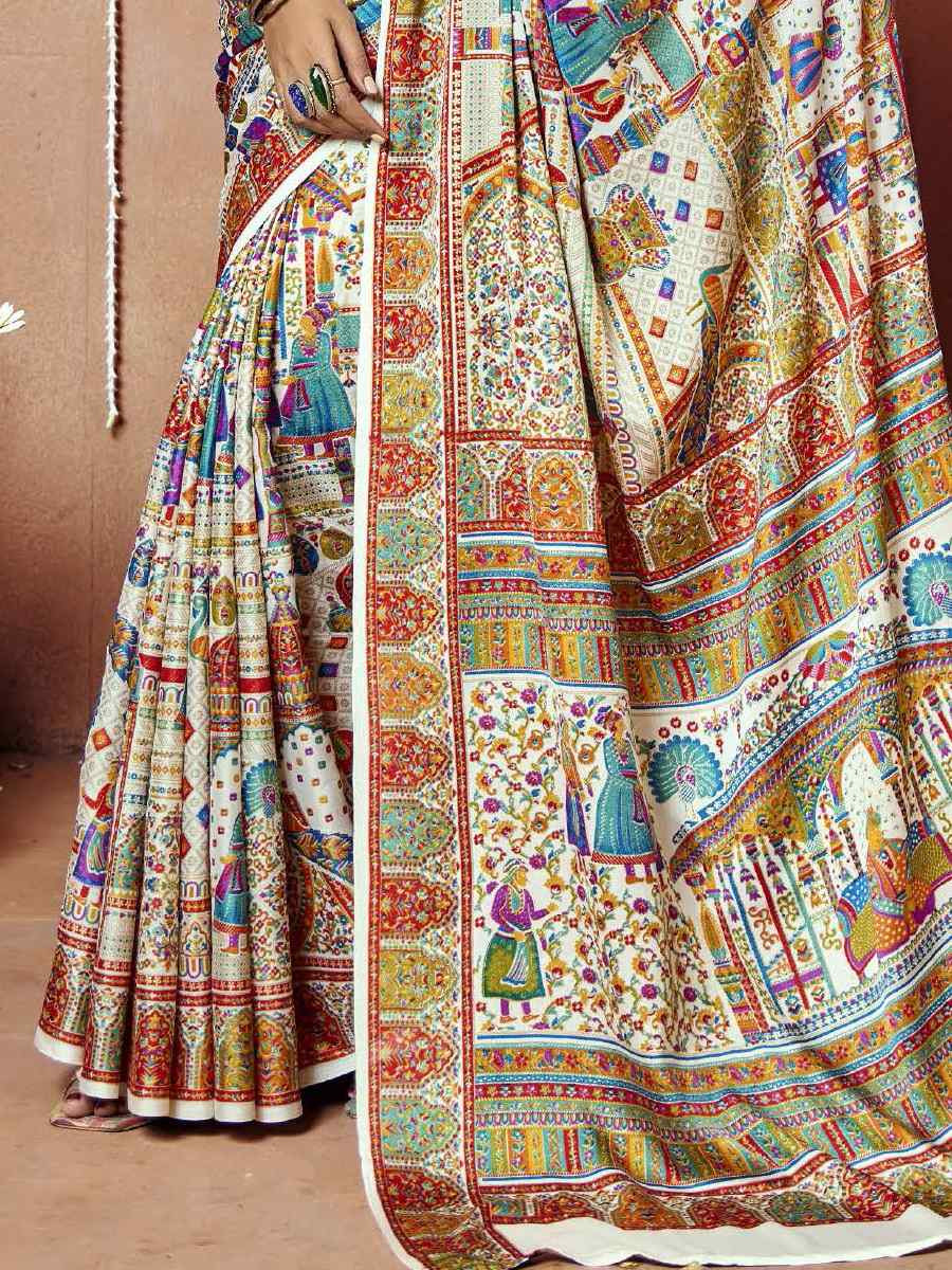 Multi Zara Moss Silk Patola Printed Festival Wedding Fancy Heavy Border Saree