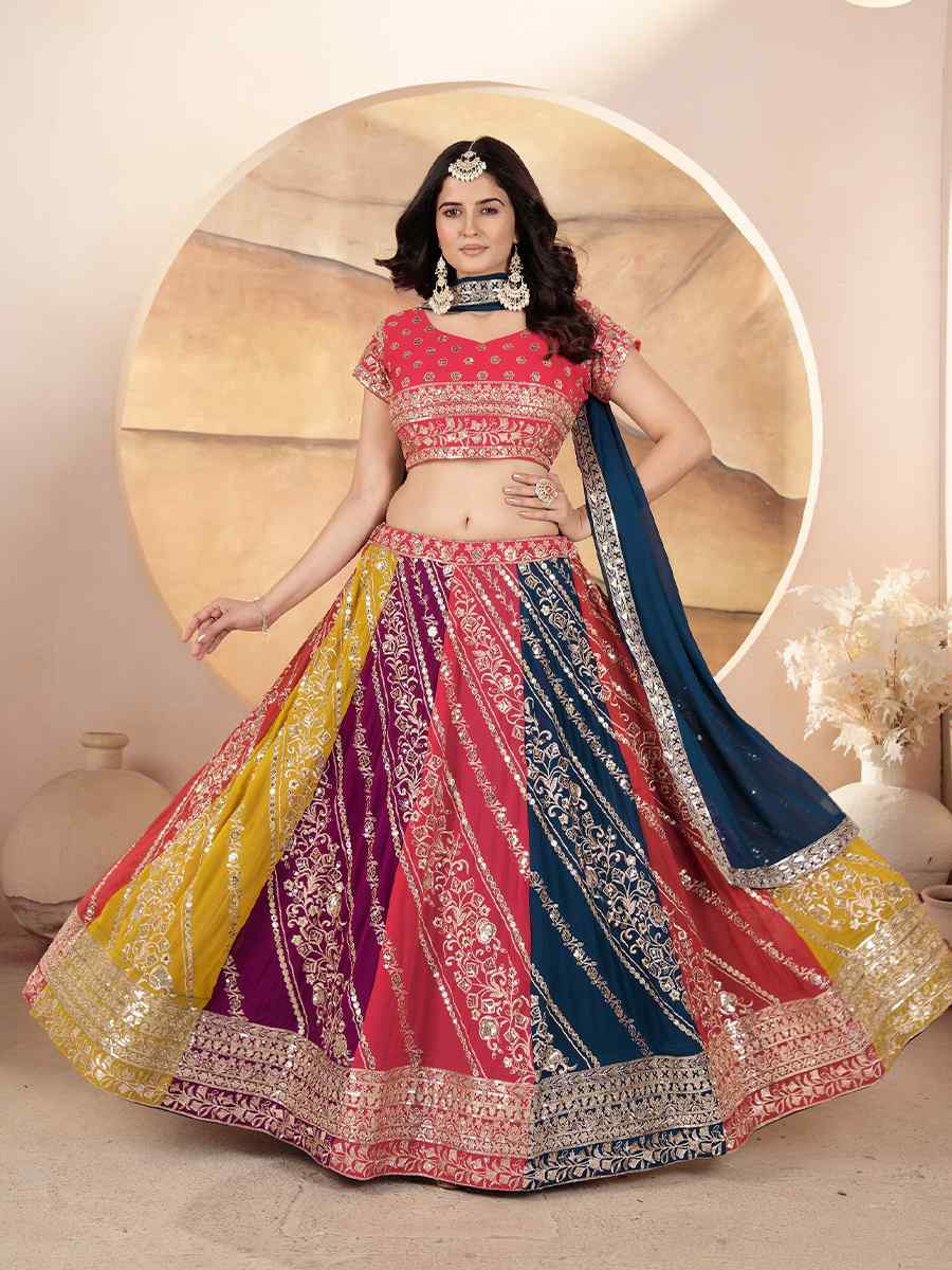 Multicolor Faux Georgette Embroidered Wedding Festival Heavy Border Lehenga Choli