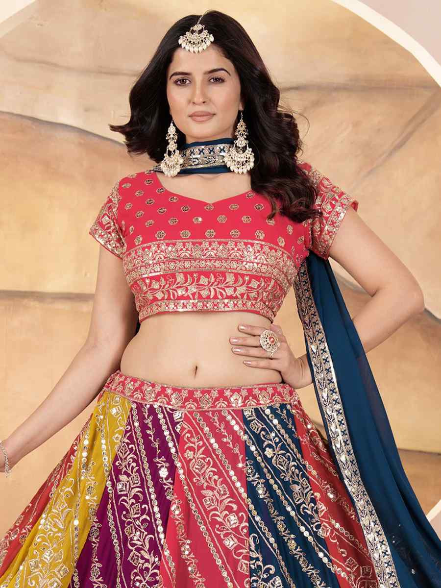 Multicolor Faux Georgette Embroidered Wedding Festival Heavy Border Lehenga Choli