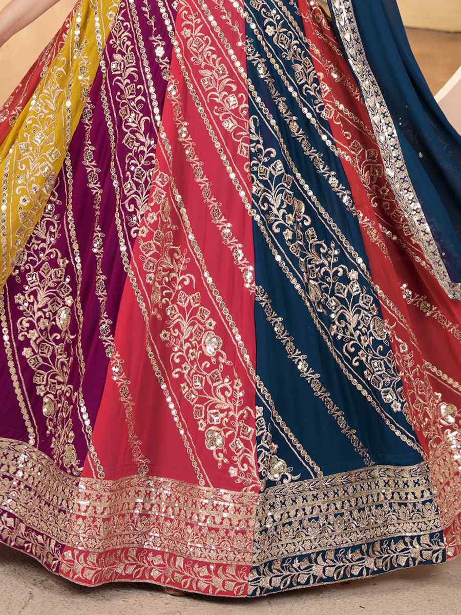 Multicolor Faux Georgette Embroidered Wedding Festival Heavy Border Lehenga Choli