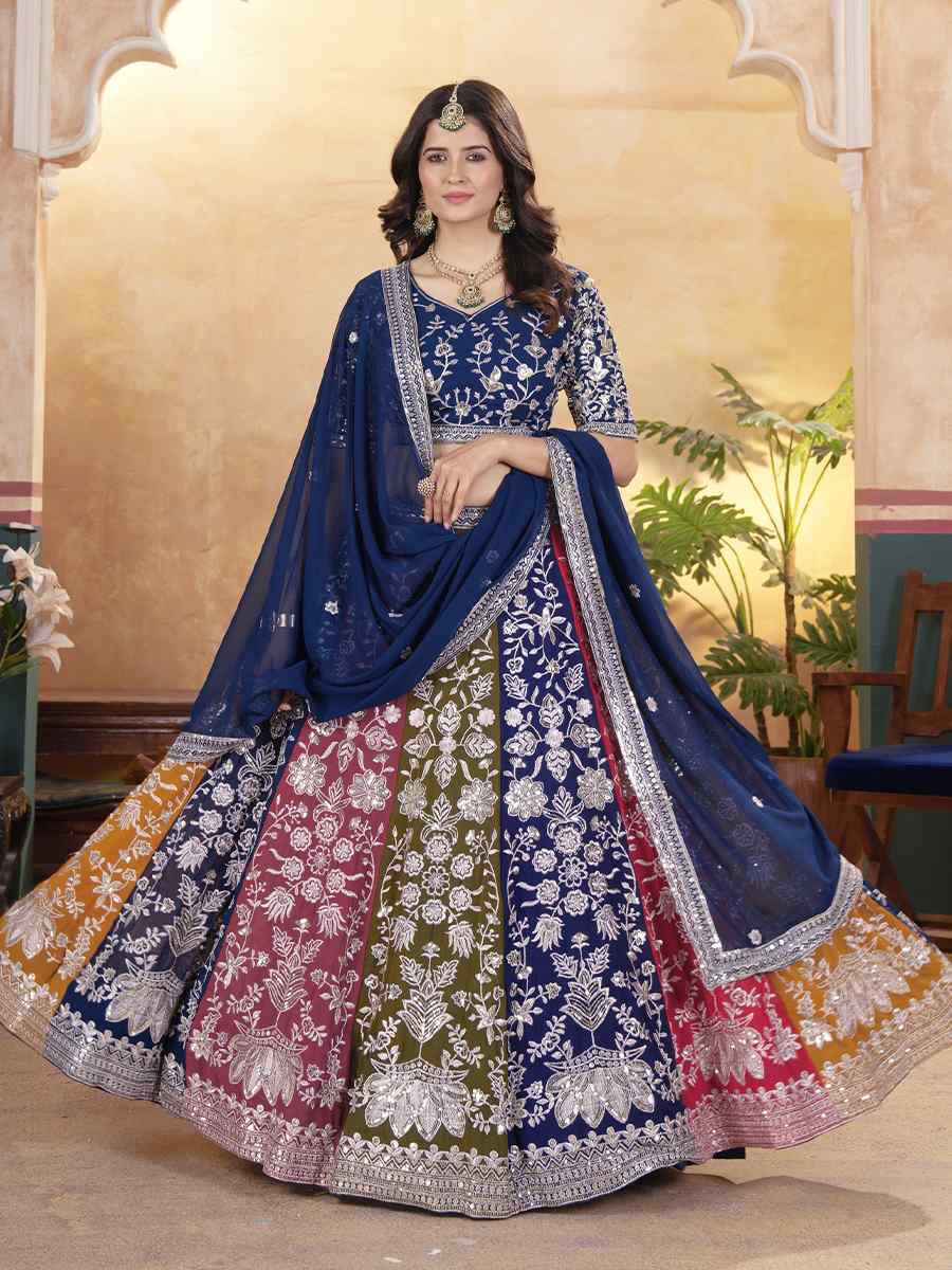 Multicolor Faux Georgette Embroidered Wedding Festival Heavy Border Lehenga Choli