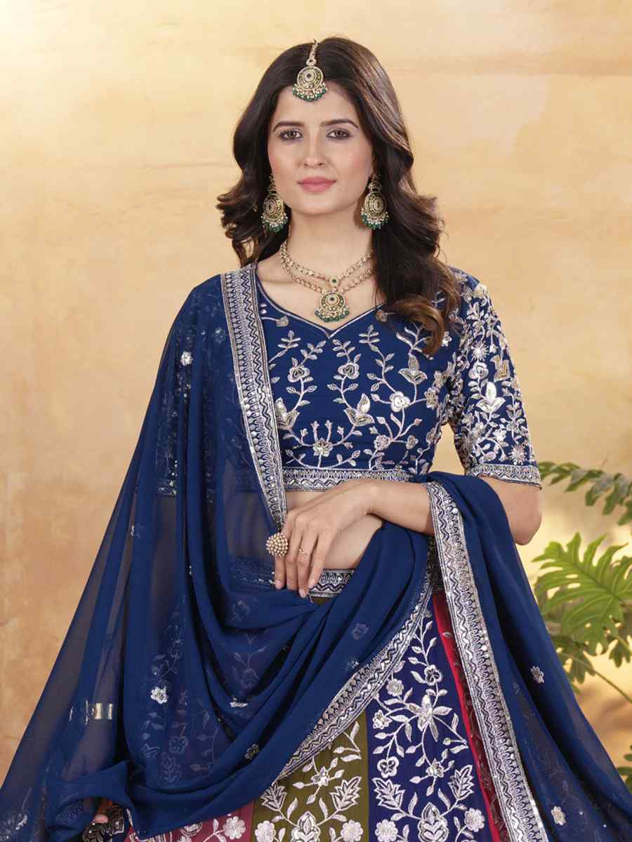 Multicolor Faux Georgette Embroidered Wedding Festival Heavy Border Lehenga Choli