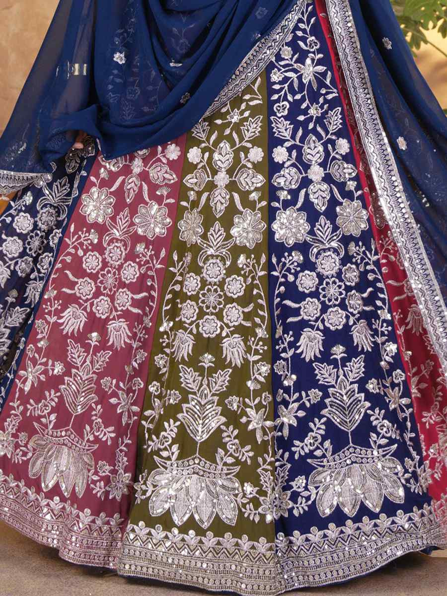 Multicolor Faux Georgette Embroidered Wedding Festival Heavy Border Lehenga Choli